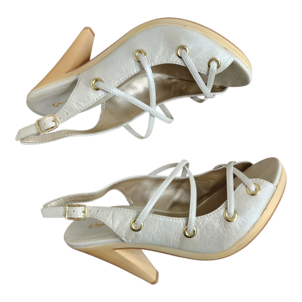 Qupid Cream & Gold Strappy Wooden Faux Leather Slingback Heels Size 8.5